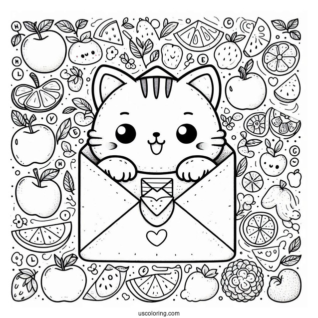 Cute Coloring Page Cat Inside An Envelope Surrounded By Fruits And Letters