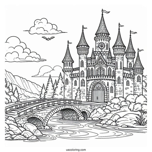 Castle Coloring Page With Bridge Over A River
