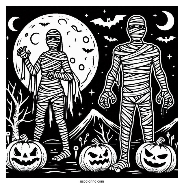 Halloween Mummy Coloring Page With Full Moon