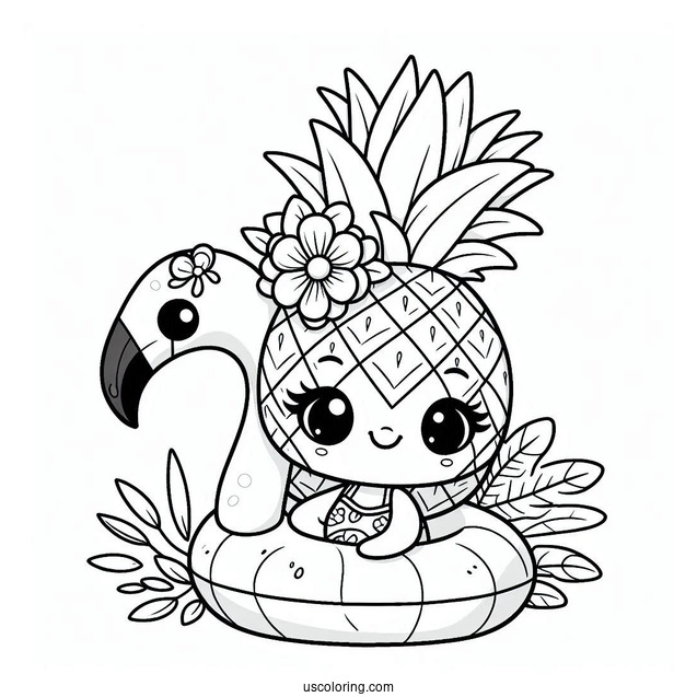 Cartoon Pineapple In A Flamingo Floatie Summer Coloring Page For Kids