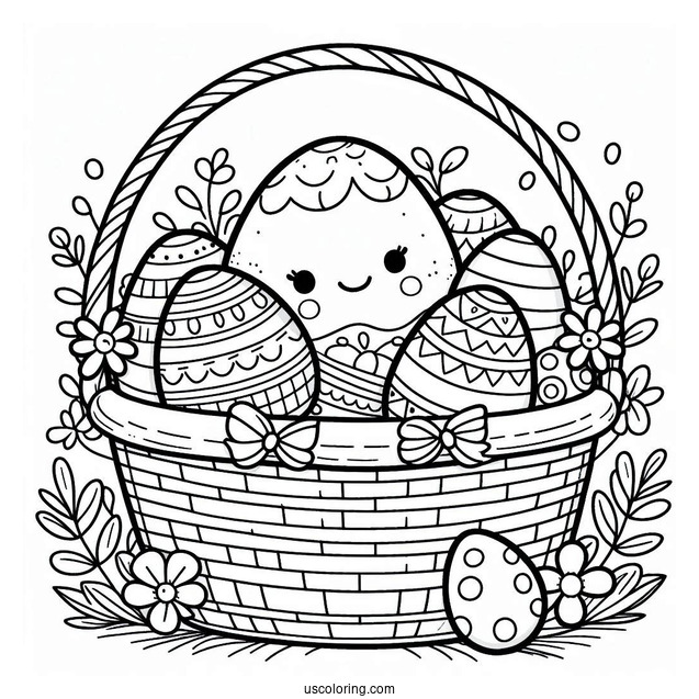 Easter Coloring Page Of Simple Easter Eggs In A Large Basket For Kids