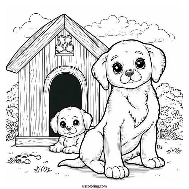 Puppy In Front Of Dog House Coloring Sheet
