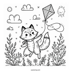 Small Fox Flying A Kite Coloring Page For Preschoolers