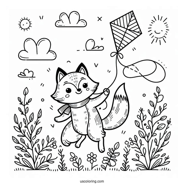 Small Fox Flying A Kite Coloring Page For Preschoolers