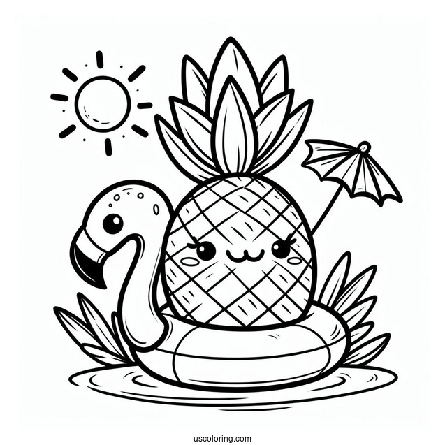 Cartoon Pineapple In A Flamingo Floatie Summer Coloring Page For Kids