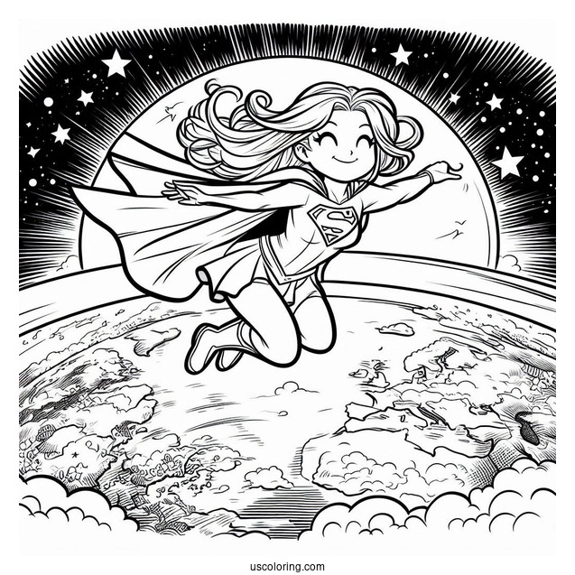 Comic Supergirl Coloring Page Flying Above Earth
