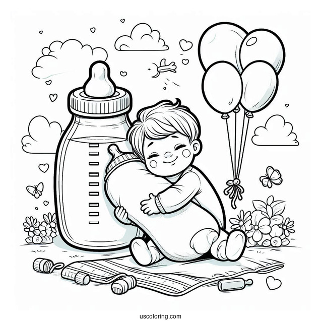 Baby Coloring Page Of Boy Embracing Large Milk Bottle With Balloons