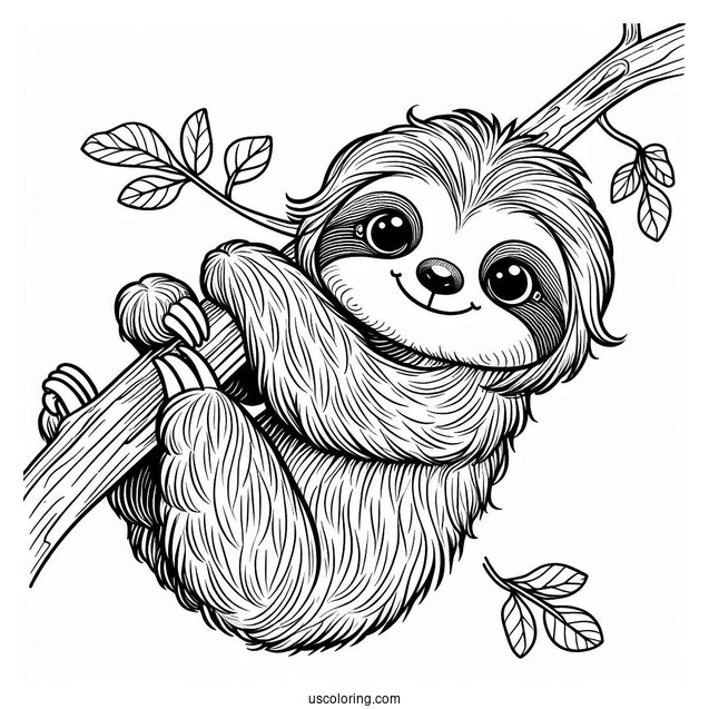 Baby Sloth Hanging From Tree Coloring Sheet