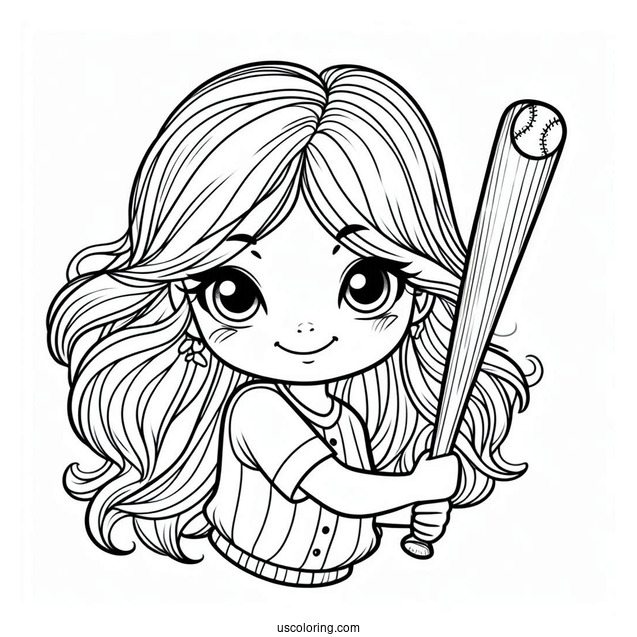 Girl With Long Hair Swinging Baseball Coloring Page Bat For Preschoolers