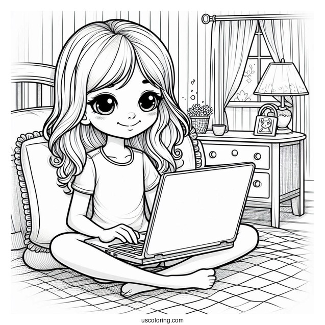 Little Girl Watching On Her Laptop While Lounging In Her Bedroom Coloring Page