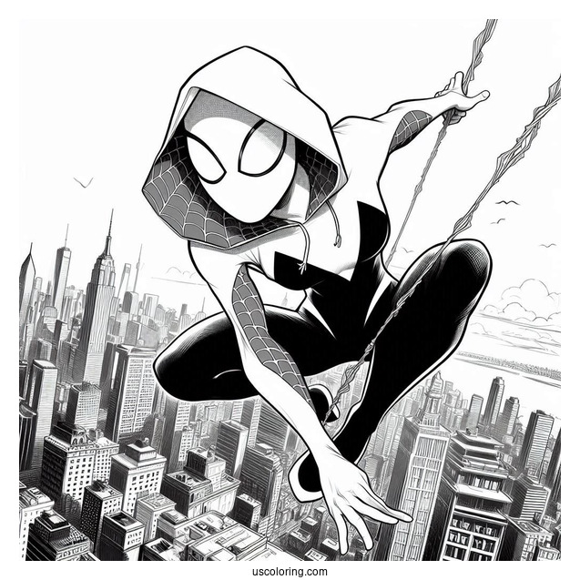 Realistic Spider-Gwen Coloring Page Swinging Across The City