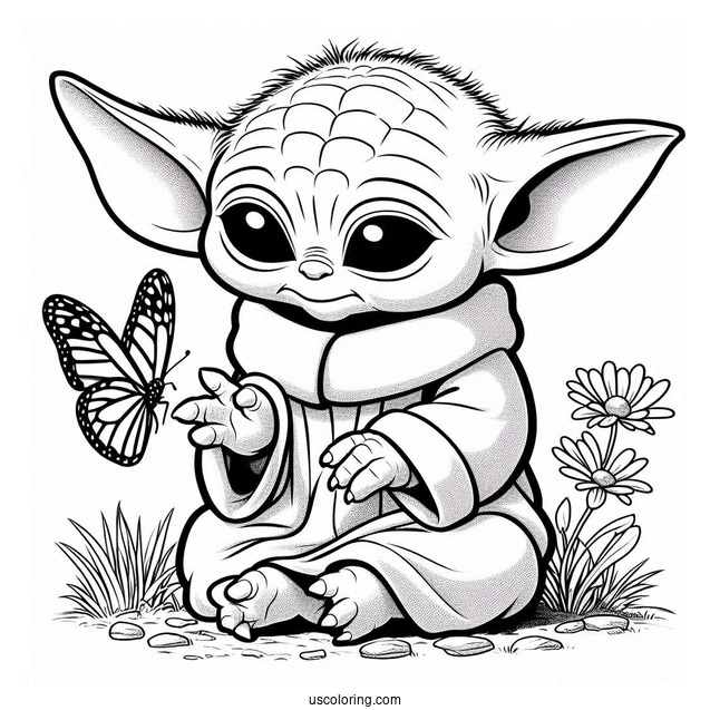 Loveable Baby Yoda Looking At Butterfly