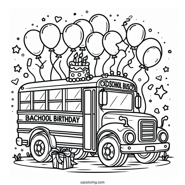 Happy Birthday School Bus Coloring Page With Balloons