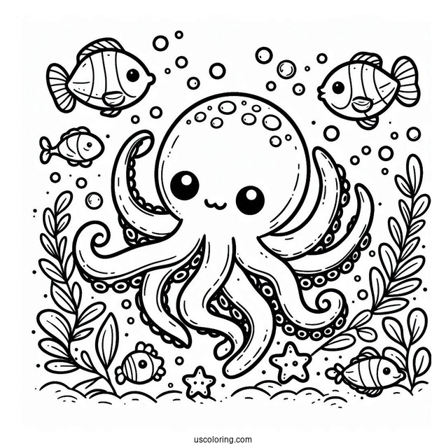 Chibi Octopus Coloring Page Swimming With Fish