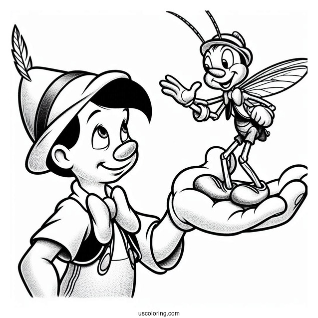 Pinocchio Coloring Page Holding Up Jiminy Cricket On His Elbow