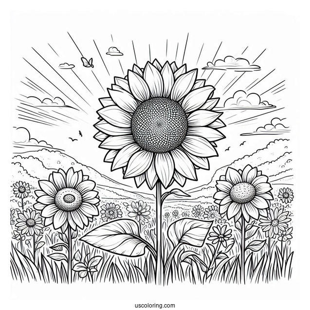 Flower Coloring Pages Of Sunflowers In A Field Under The Sun