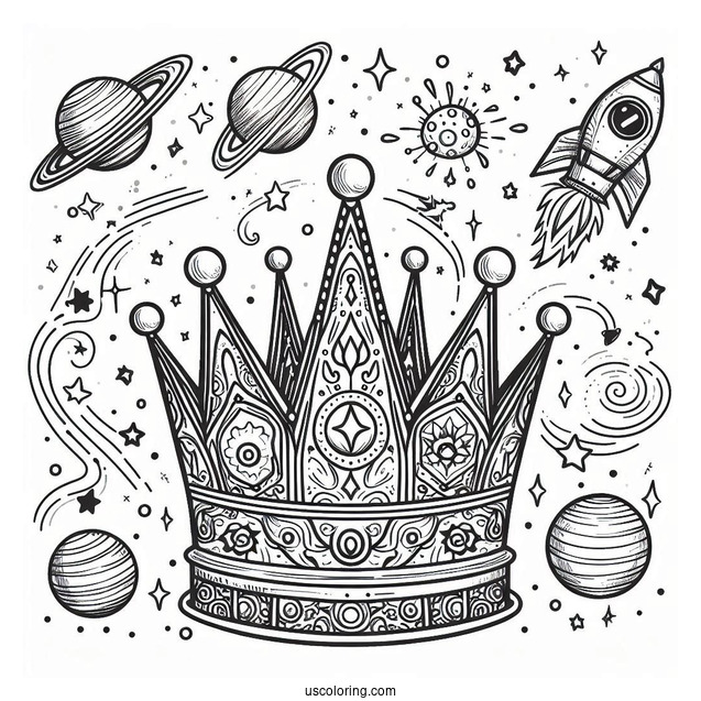 Galactic Crown Coloring Page with Planets, Stars, and Rocket Launch