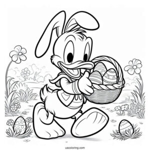 Easter Coloring Page Of Donald Duck As Easter Bunny Carrying Basket Of Eggs