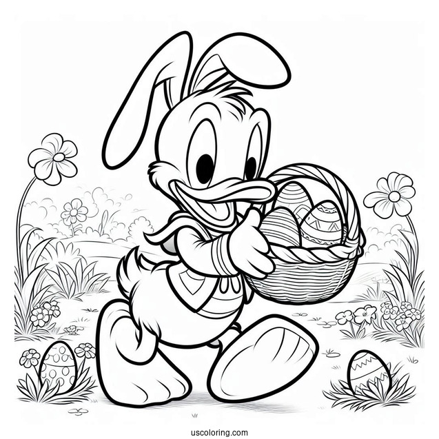 Easter Coloring Page Of Donald Duck As Easter Bunny Carrying Basket Of Eggs