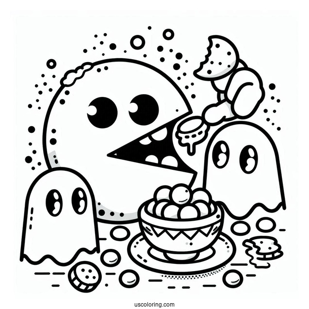 Simple Ghosts And Pac-Man Coloring Page Eating Dots