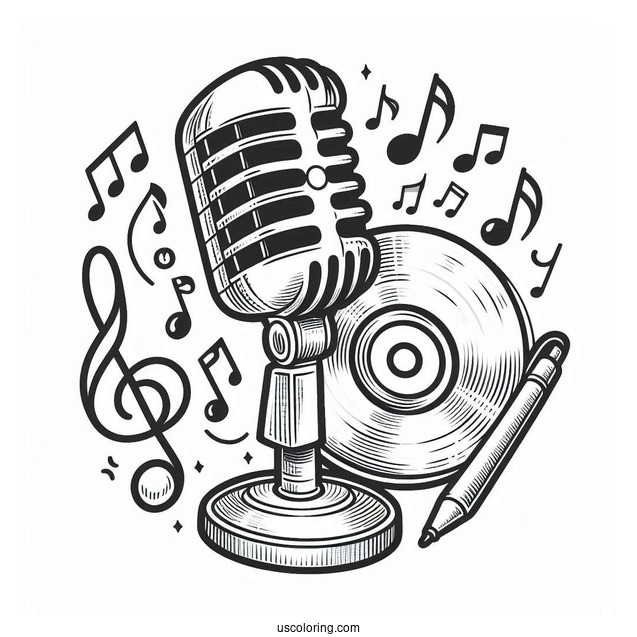 Music Coloring Page Of Retro Microphone, CD, And Musical Note For Preschoolers