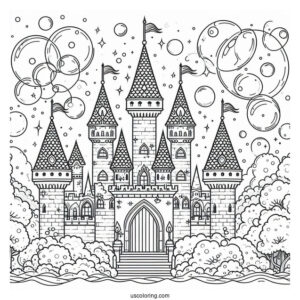 Magical Castle Coloring Page With Bubbly Background