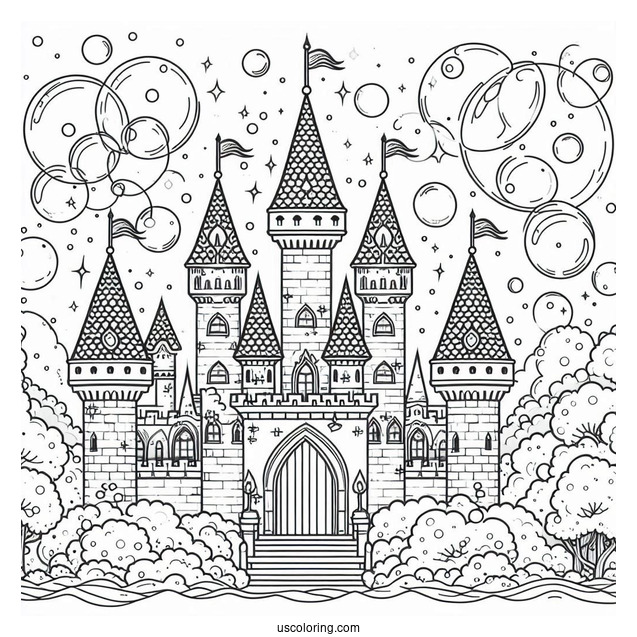 Magical Castle Coloring Page With Bubbly Background