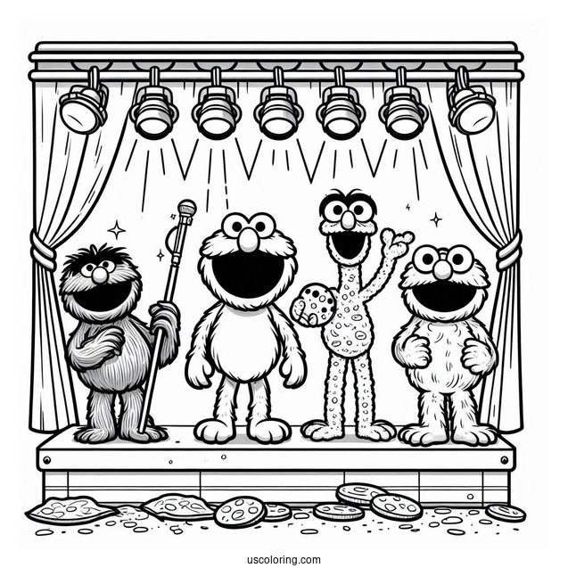 Elmo, Oscar The Grouch, Cookie Monster, And Grover On Stage
