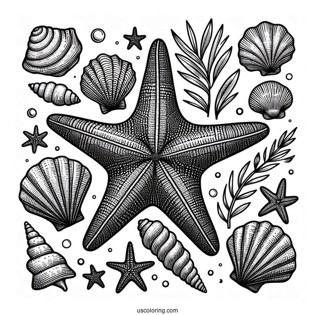 Textured Starfish Coloring Page With Seashells