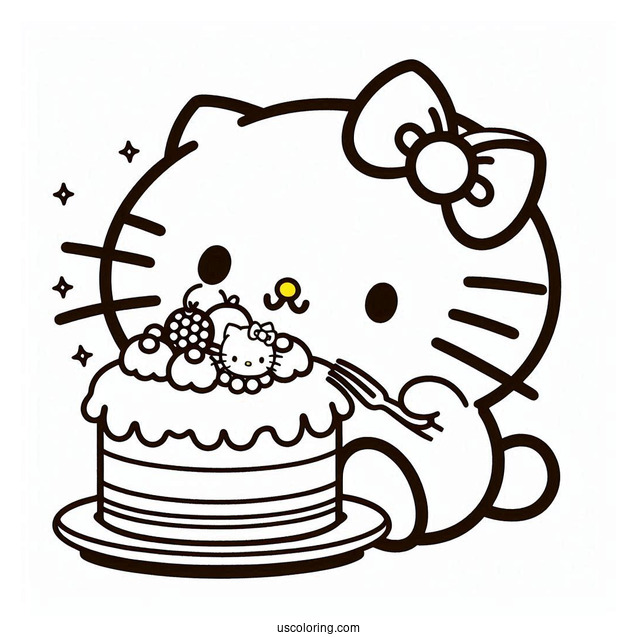Pompompurin Eating Cake With Hello Kitty Coloring Sheet