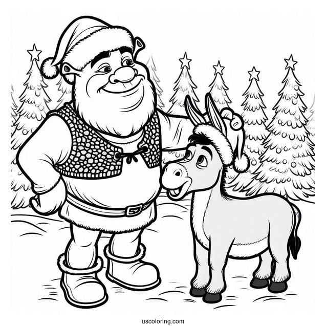 Christmas Themed Shrek And Donkey Coloring Page