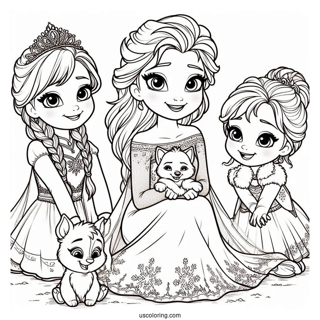 Elsa With Friends From Frozen Coloring Page