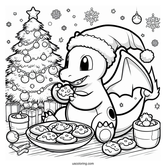 Pokemon Christmas Coloring Page Charizard Eating Cookies In Front Of Christmas Tree