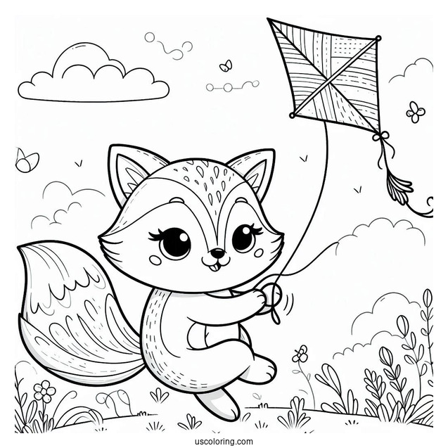 Small Fox Flying A Kite Coloring Page For Preschoolers