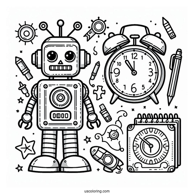 Coloring Page Of a Robot Themed Clock