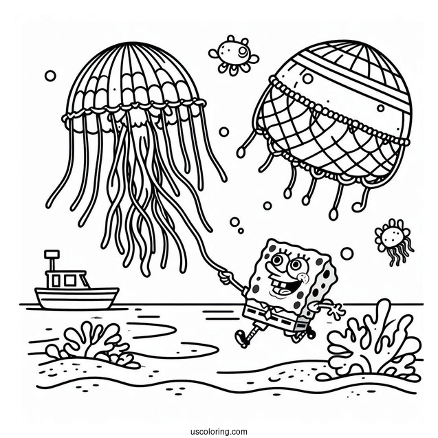 SpongeBob Catching Jellyfish With Net To Color