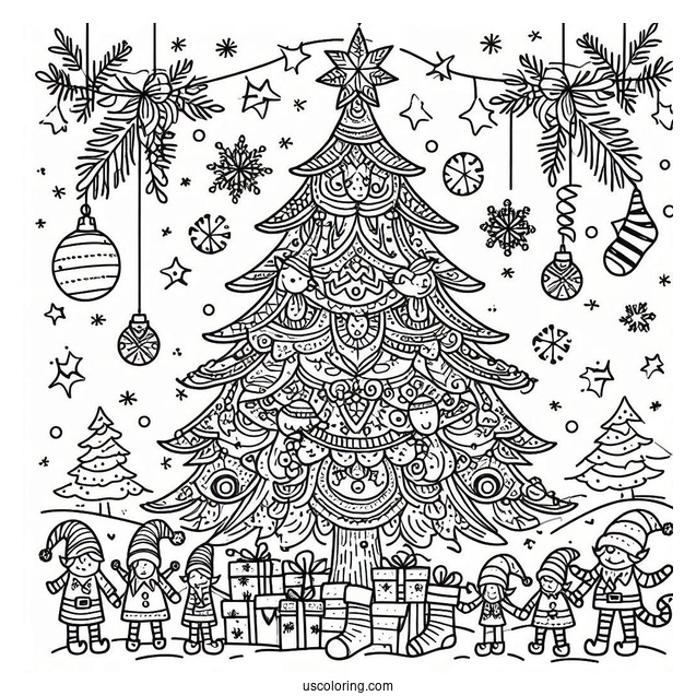 Christmas Tree With Elves Coloring Page