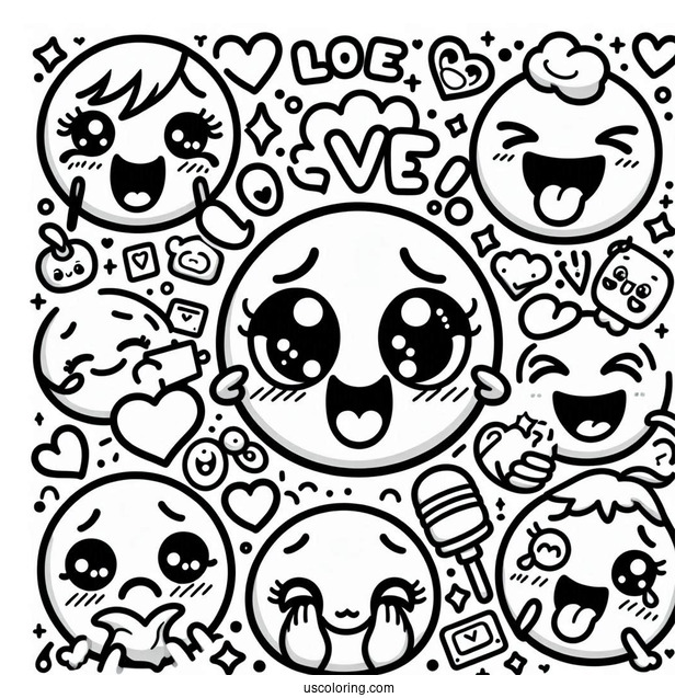 Emoji Coloring Page Of Kawaii Full Page Emoji Montage Of Feelings And Hearts