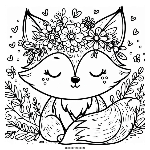 Easy Cute Coloring Page Fox Wearing A Flower Crown