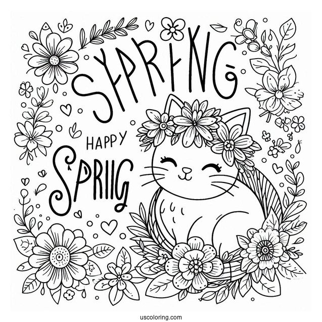 Happy Spring Words Above A Cat Wearing A Flower Wreath Coloring Sheet