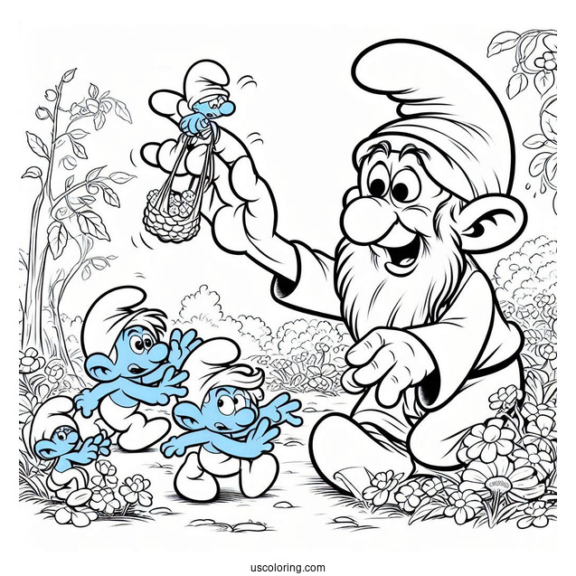 Coloring Page Of Gargamel Trying To Catch Smurfs