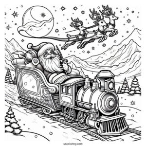 Polar Express Coloring Page Of Santa Claus On His Sleigh Flying Over The North Pole