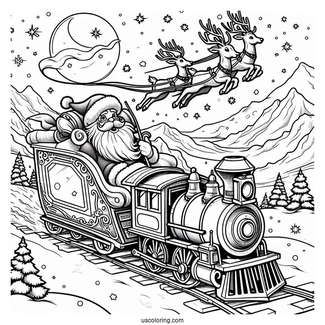Polar Express Coloring Page Of Santa Claus On His Sleigh Flying Over The North Pole