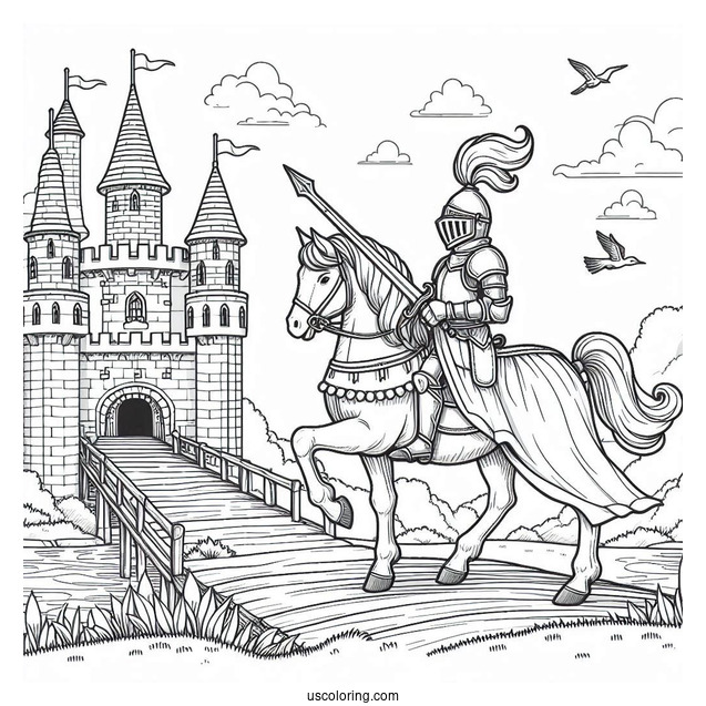 Knight On A Horse Riding To A Castle Coloring Page