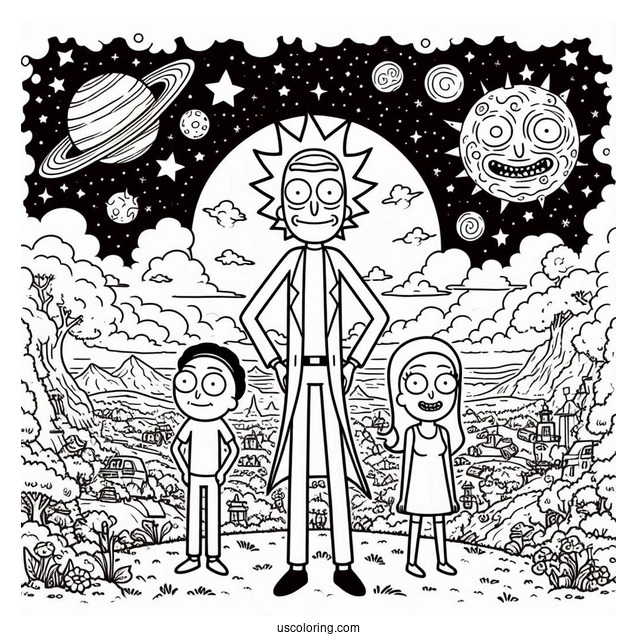Rick, Morty, Summer, And Beth Coloring Sheet