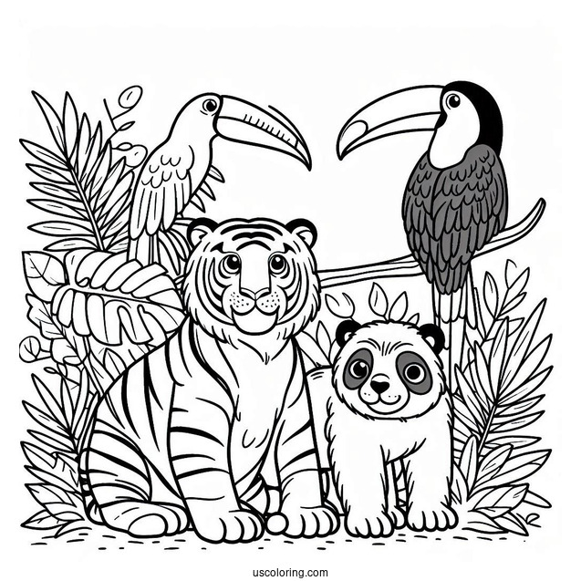 Simple Sloth, Tiger, And Toucan In The Jungle Coloring Page For Kids