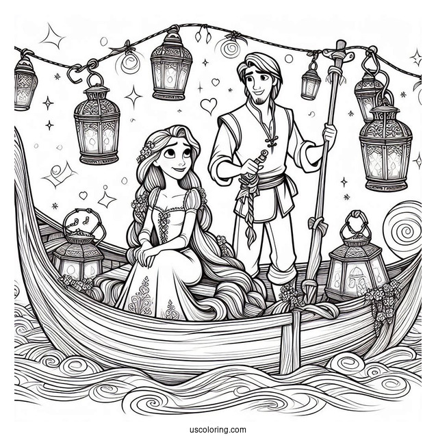 Rapunzel And Eugene In Boat With Lanterns To Color
