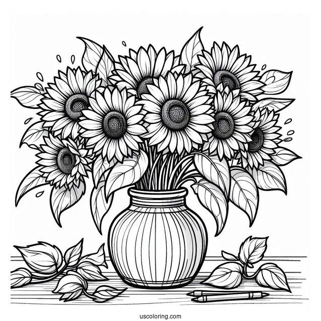 Vase Of Sunflowers For Coloring In