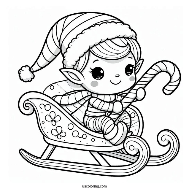 Cute Elf Riding Candy Cane Sleigh