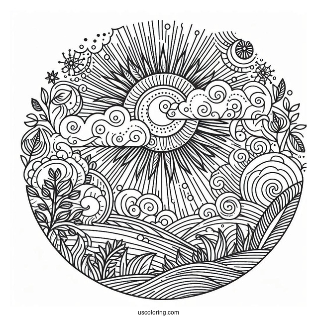 Intricate Sun With Clouds And Vegetation Coloring Page